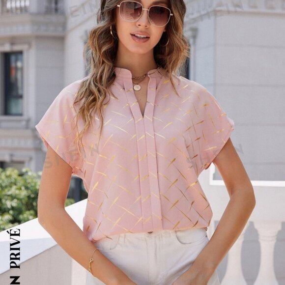 Shein Blouse womens Small Blush Pink Gold Print Short‎ Sleeve Casual Loose Fit - Picture 1 of 12